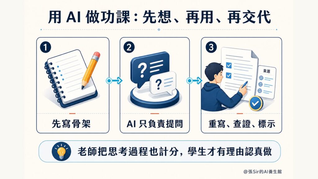 用 AI 做功課三步:先寫骨架、AI 只負責提問、重寫查證標示