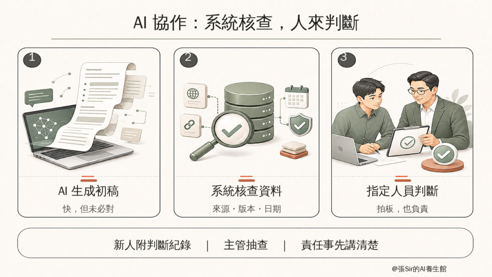 AI 協作流程:AI 生成初稿、系統核查來源版本日期、指定人員判斷並負責